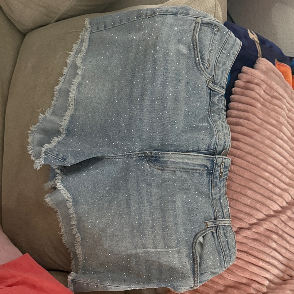 Light Blue Rhinestone Denim Shorts - Women